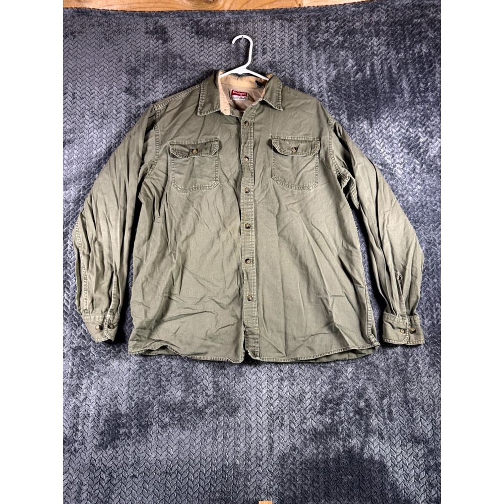 Wrangler Shirt Mens Large Olive Green Premium Quality Cotton Button Up Cowboy